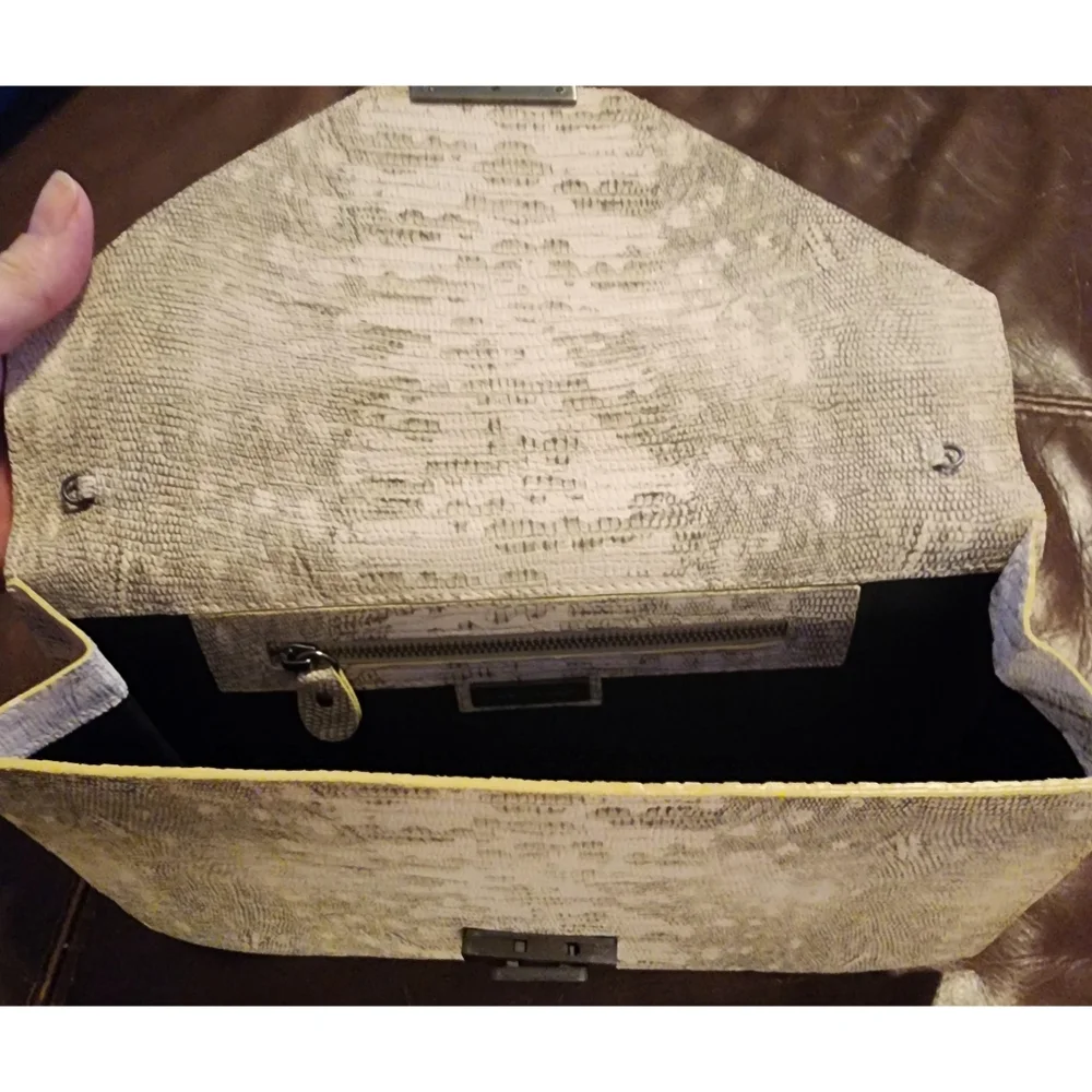Elie Tahari Clutch Bag Beige Leather Reptile Embossed Design